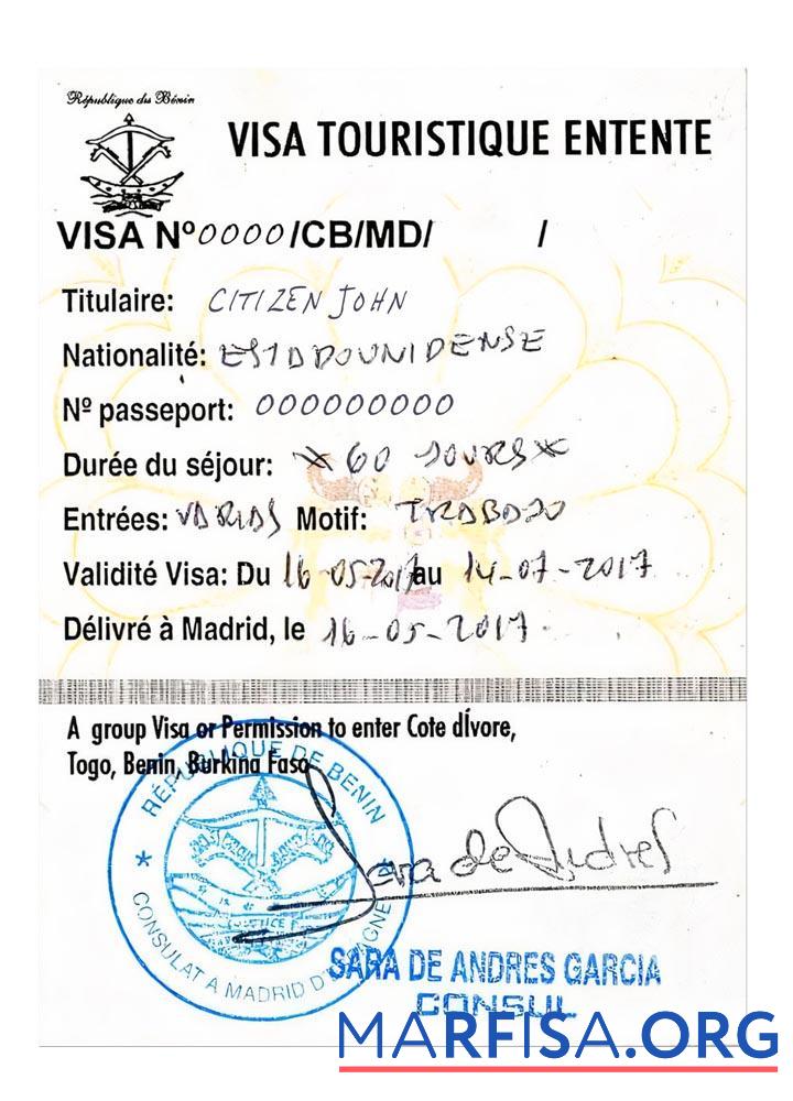 Blank Cote D'Ivoire, Togo, Benin, Burkina Faso tourist visa real example